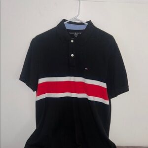 Tommy Hilfiger Men's Black Polo Shirt with Red and White Stripes
